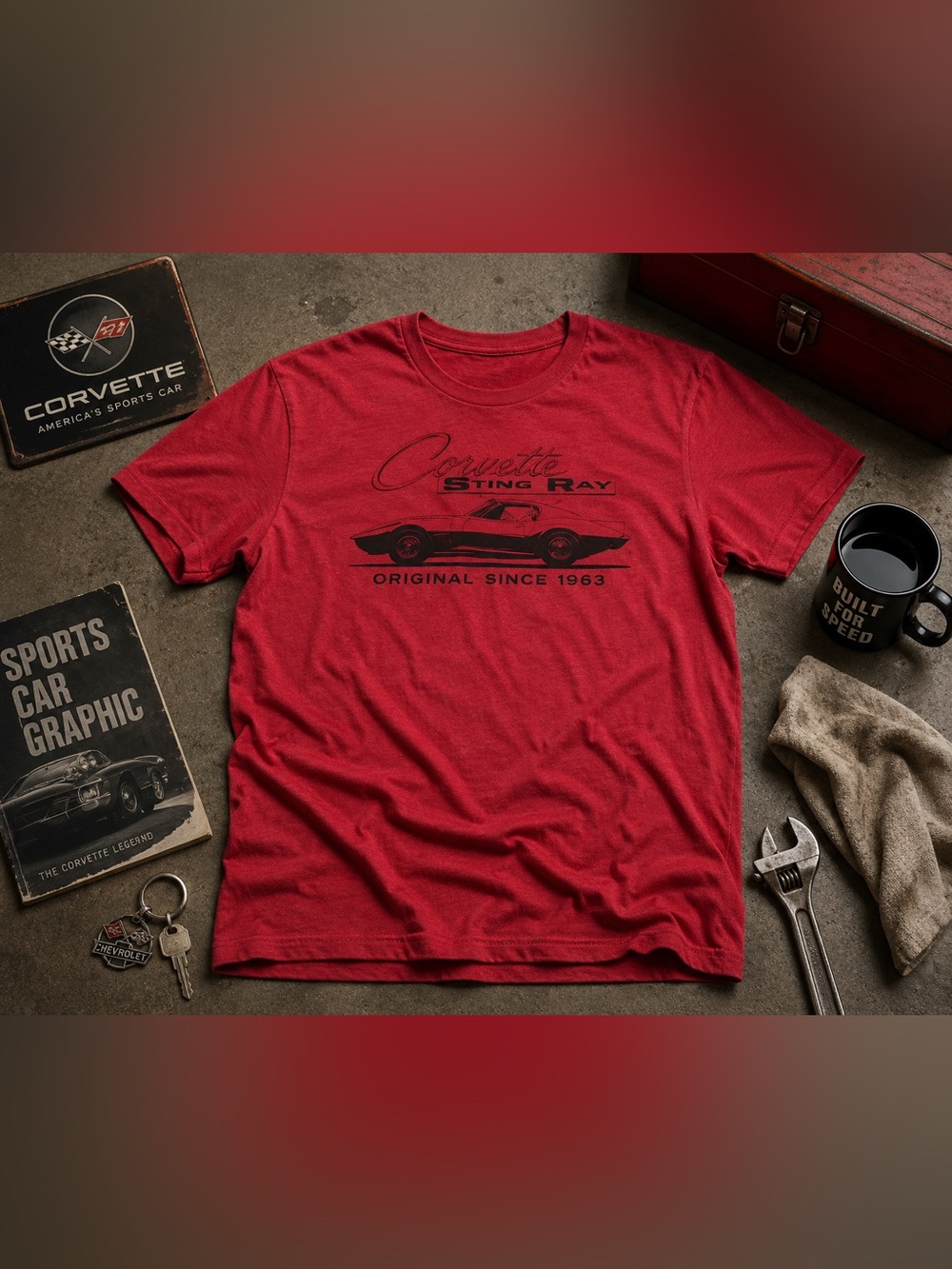 Corvette Sting Ray Mens Large Red Graphic T Shirt Classic Sports Car Chevy